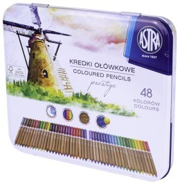 Crayons aquarellables Prestige Astra en bois de cèdre dans une boîte en métal de 48 couleurs