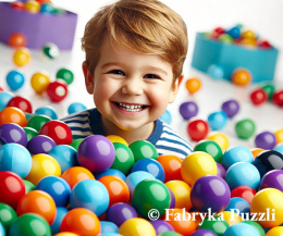Niño jugando con bolas de billar de colores sobre fondo blanco.
