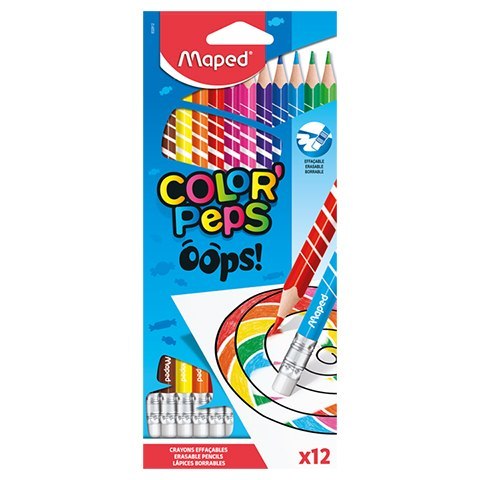 COLORPEPS OOPS CRAYONS EFFAÇABLES AVEC GOMME TRIANGULAIRE 12 PCS 832812